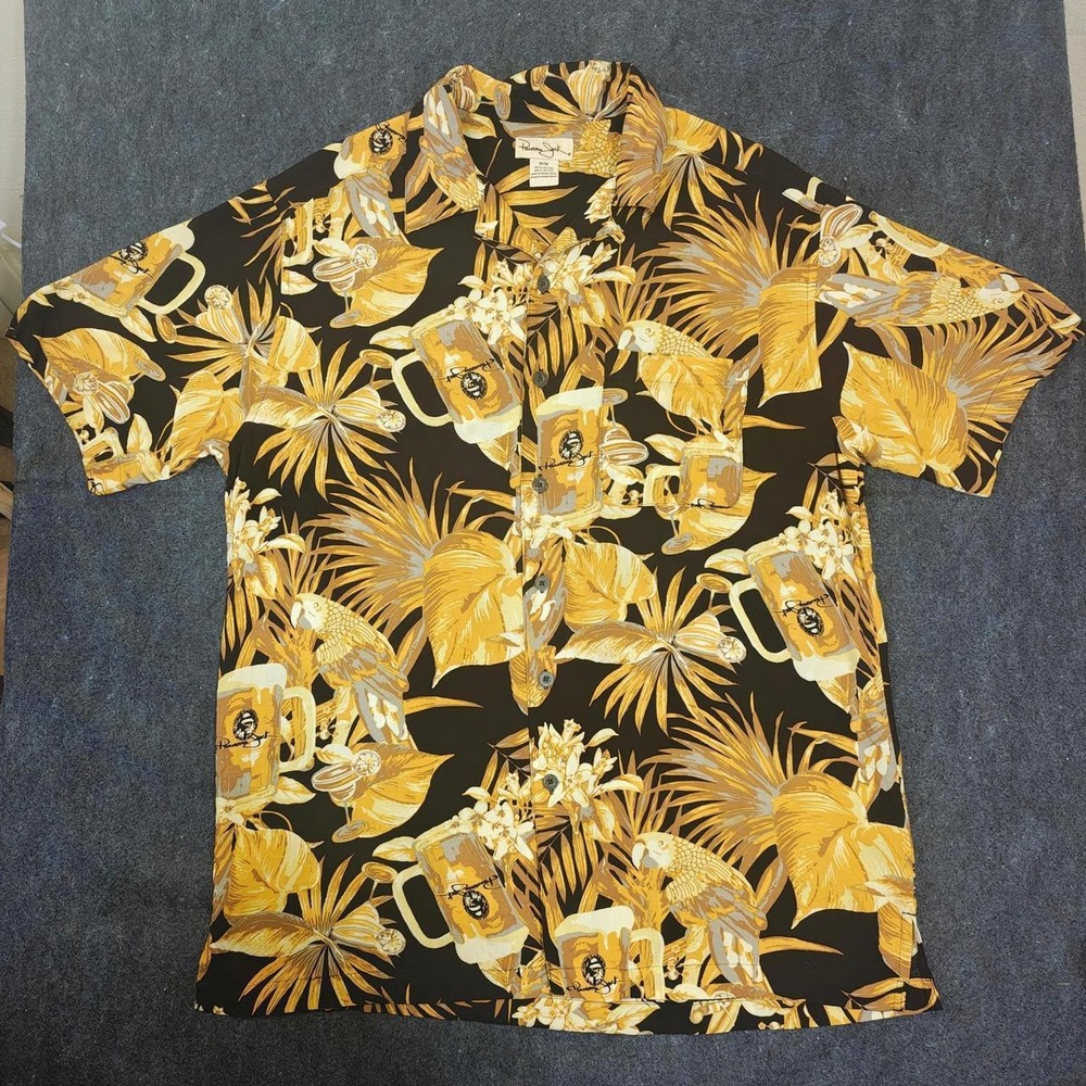 Panama Jack Rayon Hawaiian Shirt Men Medium Beer Mugs Parrot Tropical Camp Black